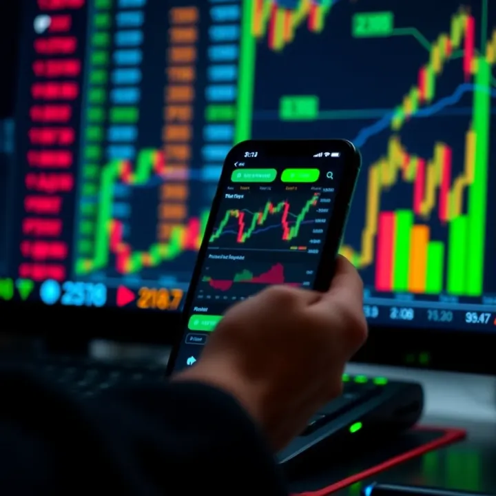 Mobile device displaying a forex trading app interface with currency charts and market data