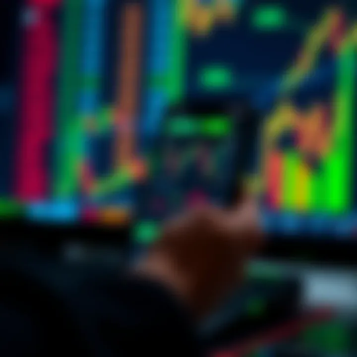 Mobile device displaying a forex trading app interface with currency charts and market data