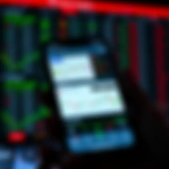 Mobile phone screen displaying various trading app interfaces with charts and stock data