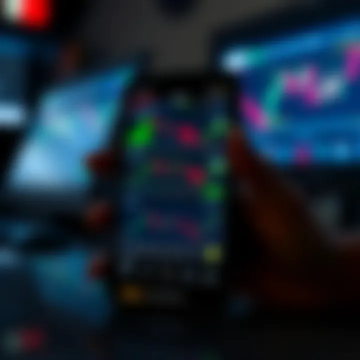 Mobile device displaying various forex trading app features such as charts and currency pairs