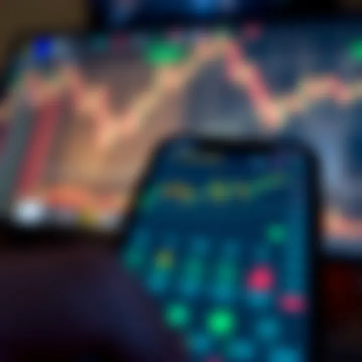 Mobile phone displaying a cryptocurrency trading platform interface with charts and graphs on screen