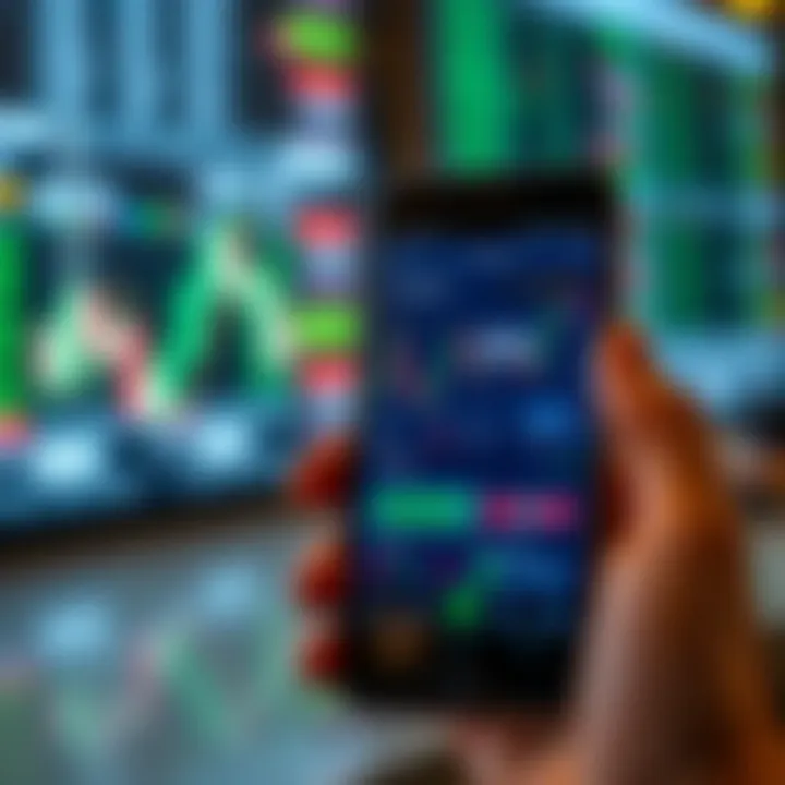 Mobile phone displaying a forex trading app interface with charts and currency pairs