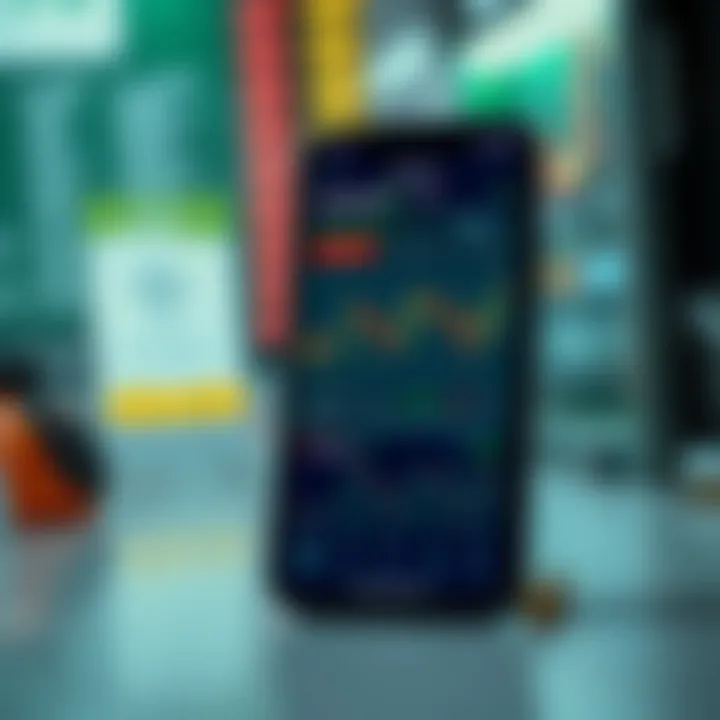 Mobile device displaying a forex trading app interface with charts and currency pairs