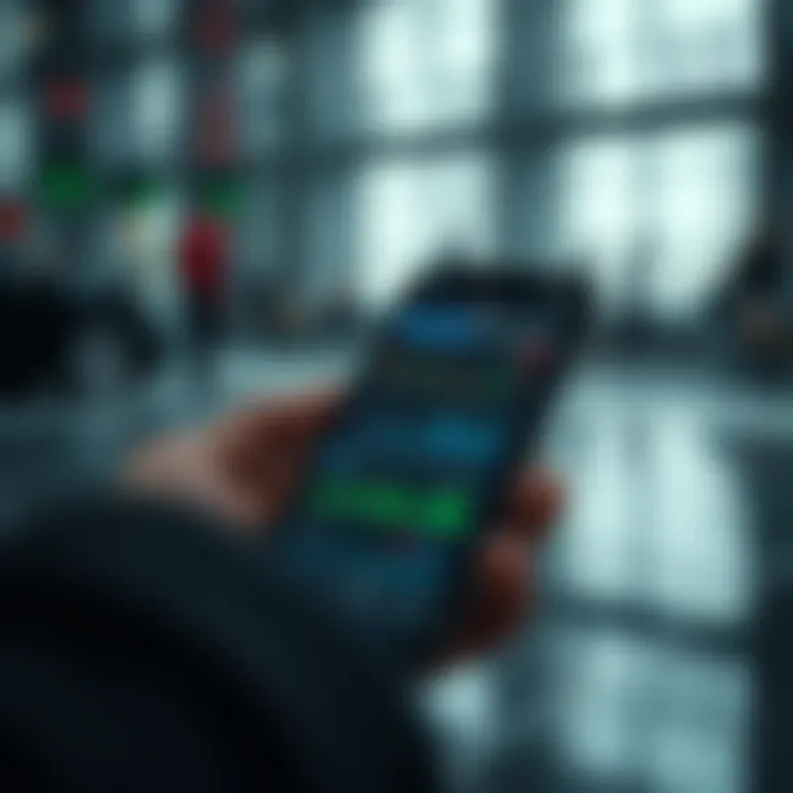 Interactive smartphone displaying a global trading platform with various market charts and graphs