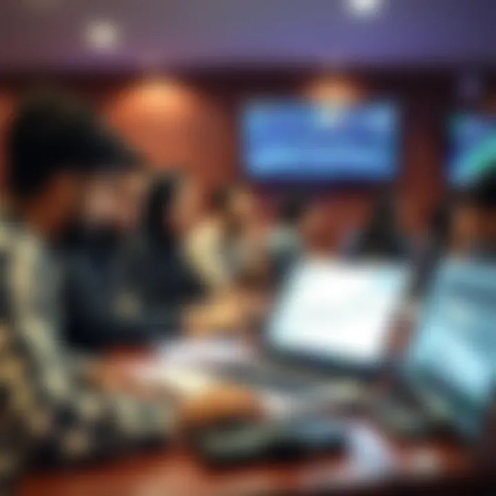 A classroom setting with students engaging in a crypto trading workshop using laptops