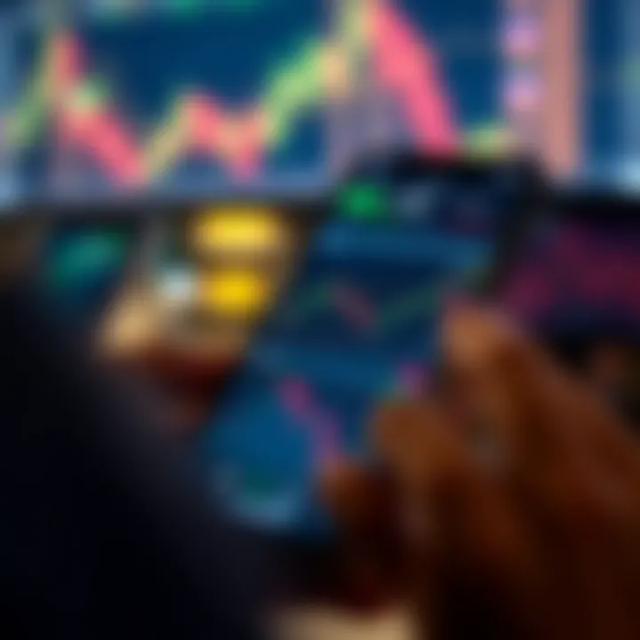 Mobile phone displaying a trading app interface with charts and market data