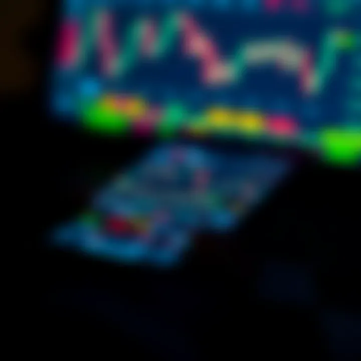 Mobile phone displaying various trading charts and graphs on the screen