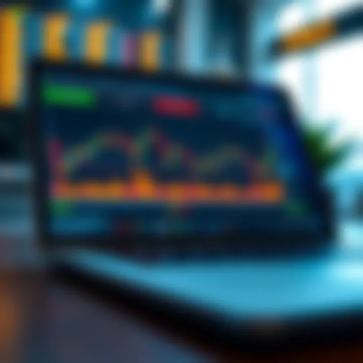 Illustration of a laptop displaying trading platform interface with charts and currency pairs