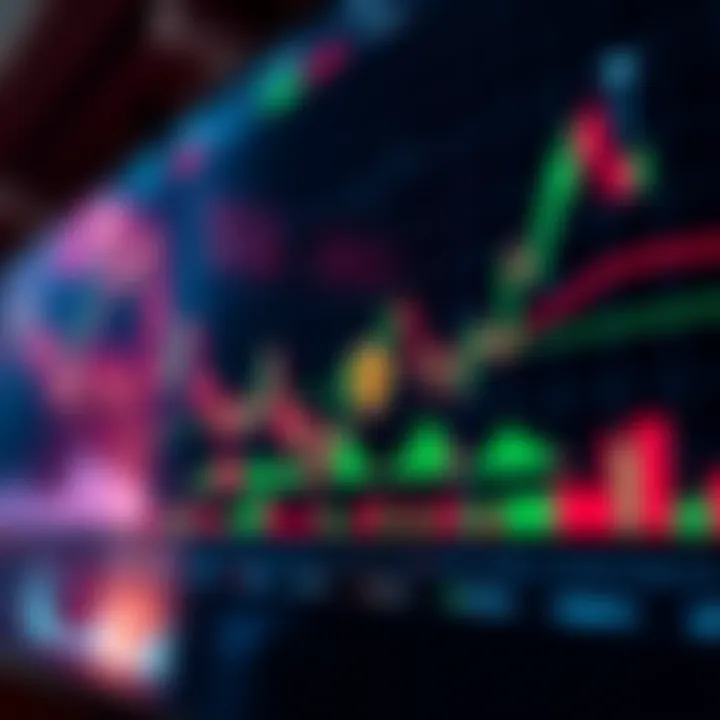 Graph showing cryptocurrency market trends with digital candlestick charts and indicators