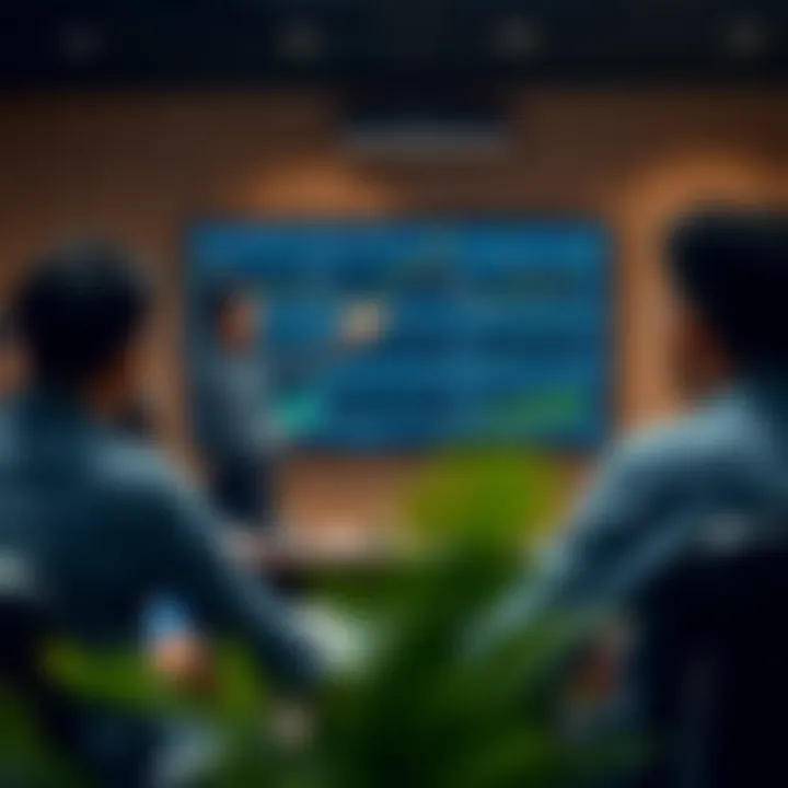 Interactive classroom setting with instructor demonstrating forex trading strategies on a large monitor