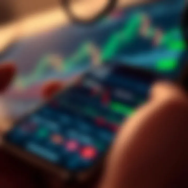 Mobile phone displaying a stock trading app interface with market charts and trading options