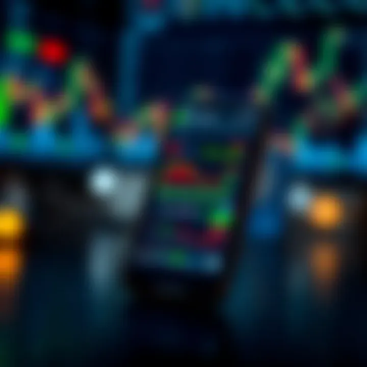 Mobile phone displaying forex trading app interface with currency charts and indicators