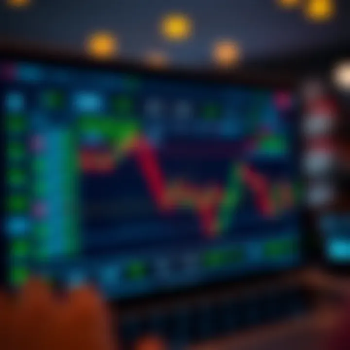 Illustration of digital platform interface showing binary trade choices and currency conversion to Pakistani rupees