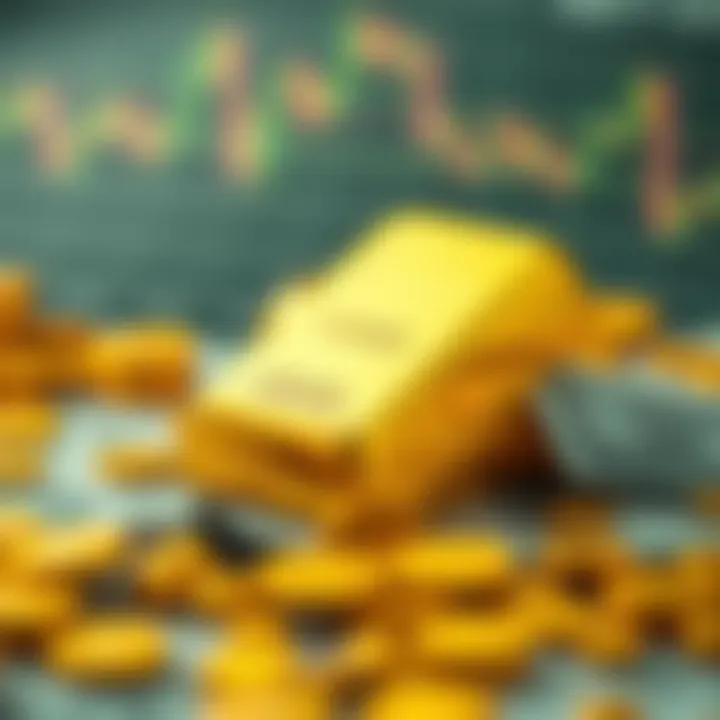 Illustration of gold bars with currency and charts representing buying and selling strategies in Pakistan