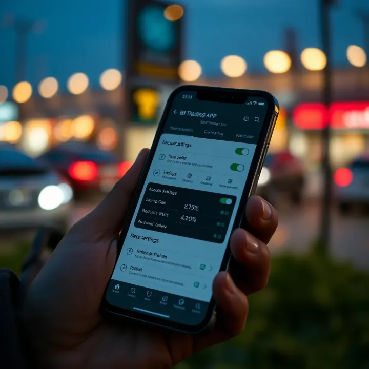 Mobile phone displaying BU Trading App security features and account settings