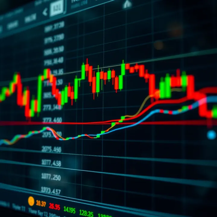 Candlestick chart combining bullish patterns with technical indicators like moving averages and volume