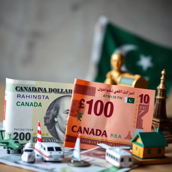 Currency Exchange Insights for Travelers and Businesses Between Canada and Pakistan Currency notes of Canada and Pakistan placed side by side with travel and business icons