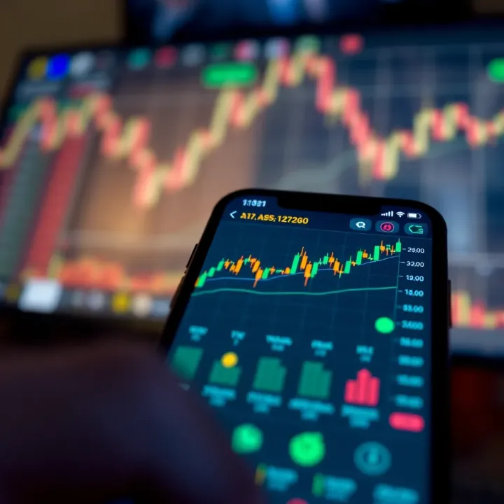Mobile phone displaying a cryptocurrency trading platform interface with charts and graphs on screen