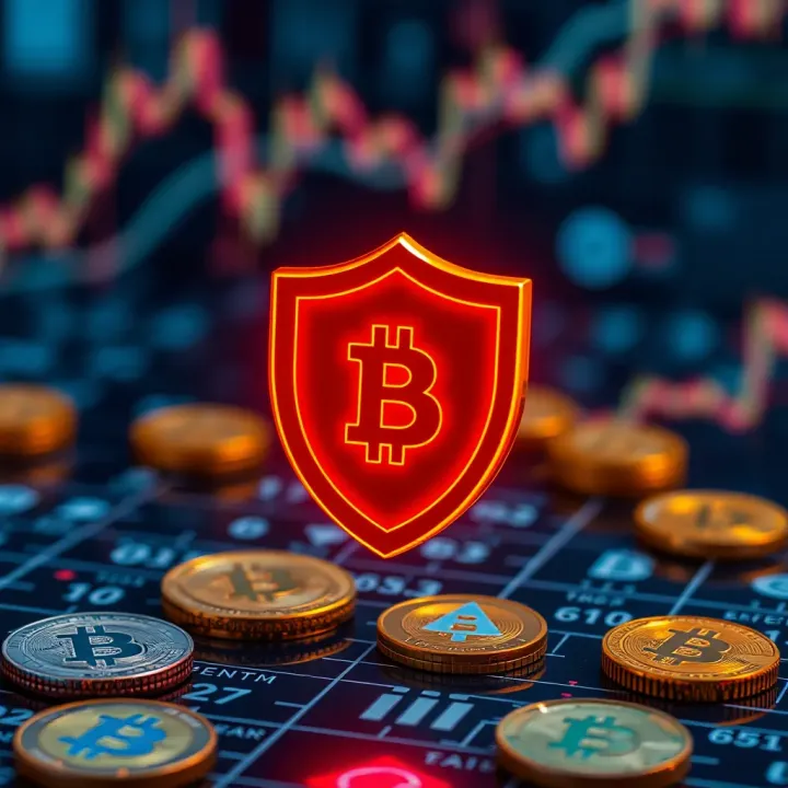 Digital shield symbol representing security and protection overlaid on a background with digital currency icons