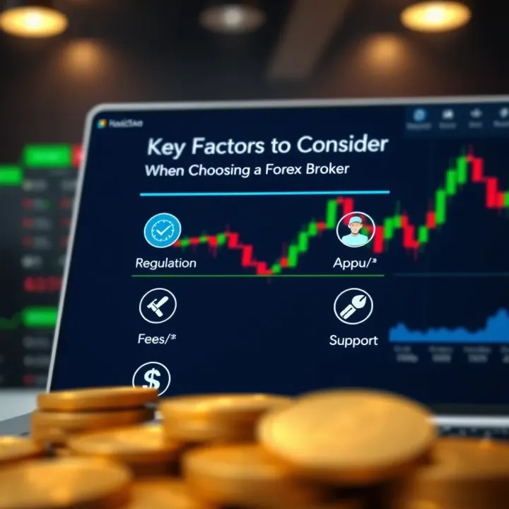 Checklist highlighting important factors for selecting a forex broker with icons representing regulation, fees, and support
