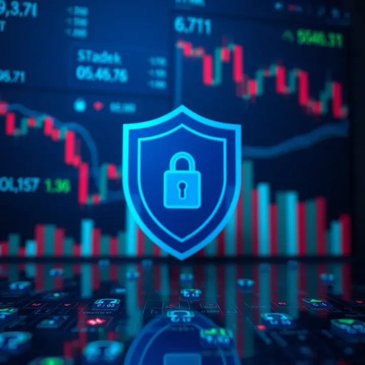 Security shield symbol over a digital background representing secure mobile trading platforms