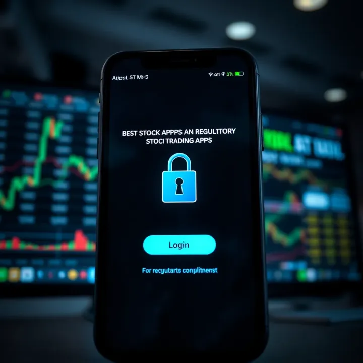 Secure login screen of a stock trading app emphasizing encryption and regulatory compliance