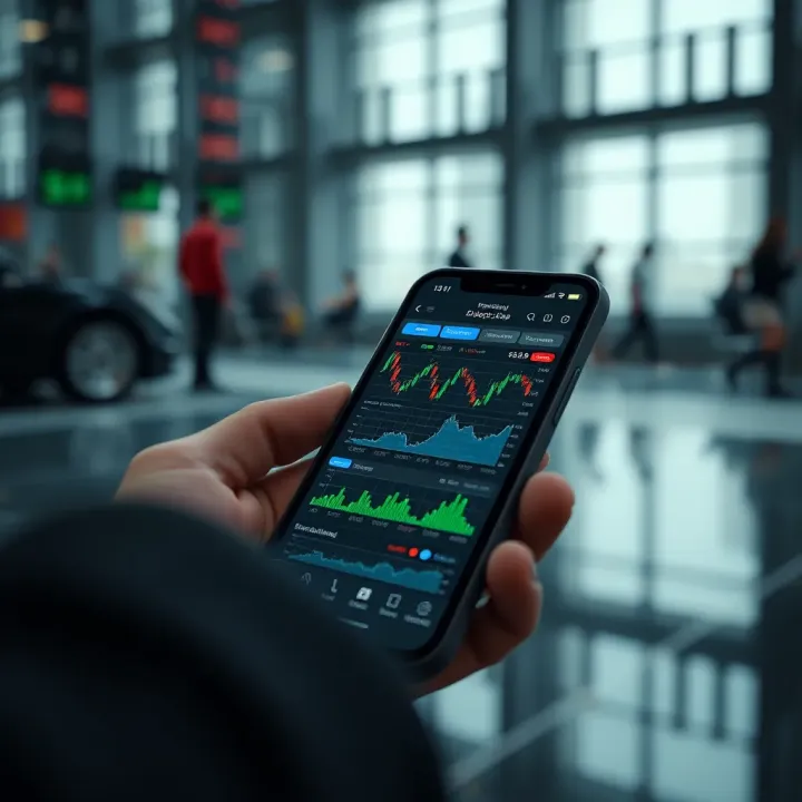 Interactive smartphone displaying a global trading platform with various market charts and graphs