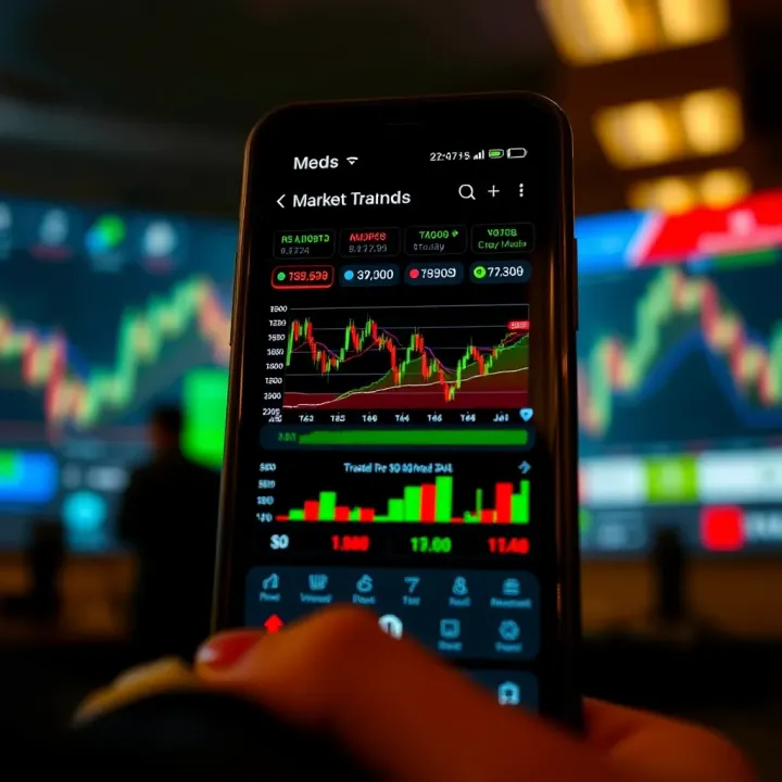 Mobile device displaying a trading app interface with charts and financial data
