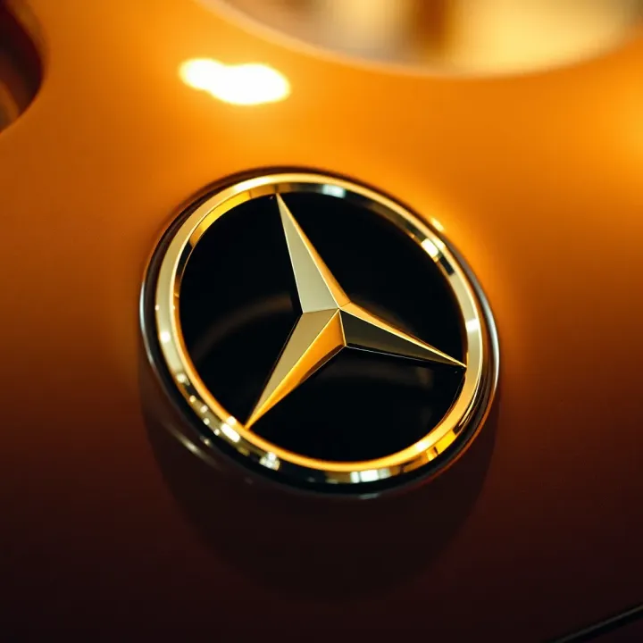 Close-up view of a gold Mercedes-Benz emblem and customized paint detail on a premium vehicle