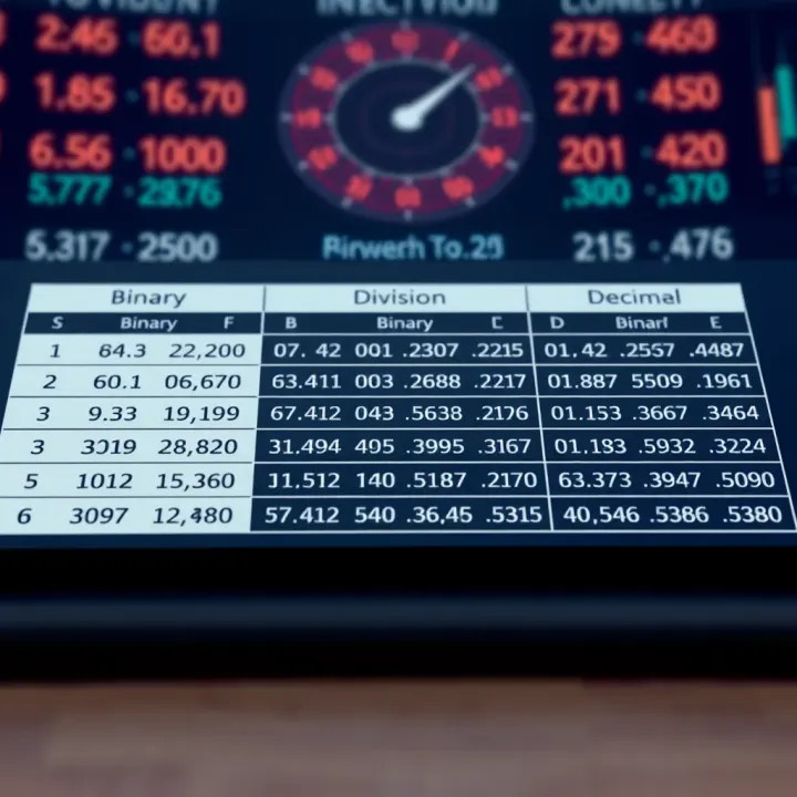 Table comparing binary and decimal division highlighting key differences