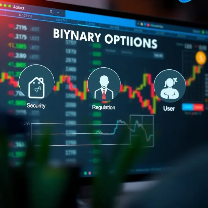 Illustration of key factors to consider when choosing a reliable binary options broker with icons representing security, regulation, and user experience