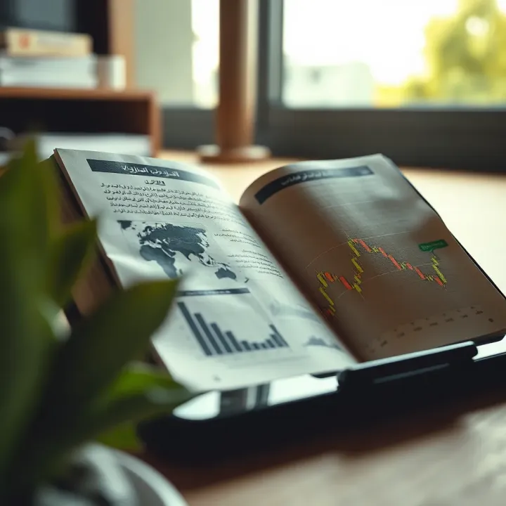 Open Urdu crypto trading book with charts and graphs on digital tablet