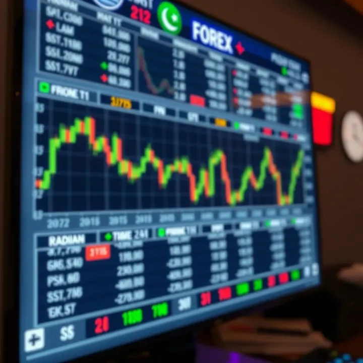 Digital screen showing forex charts and currency symbols representing Pakistan trading market