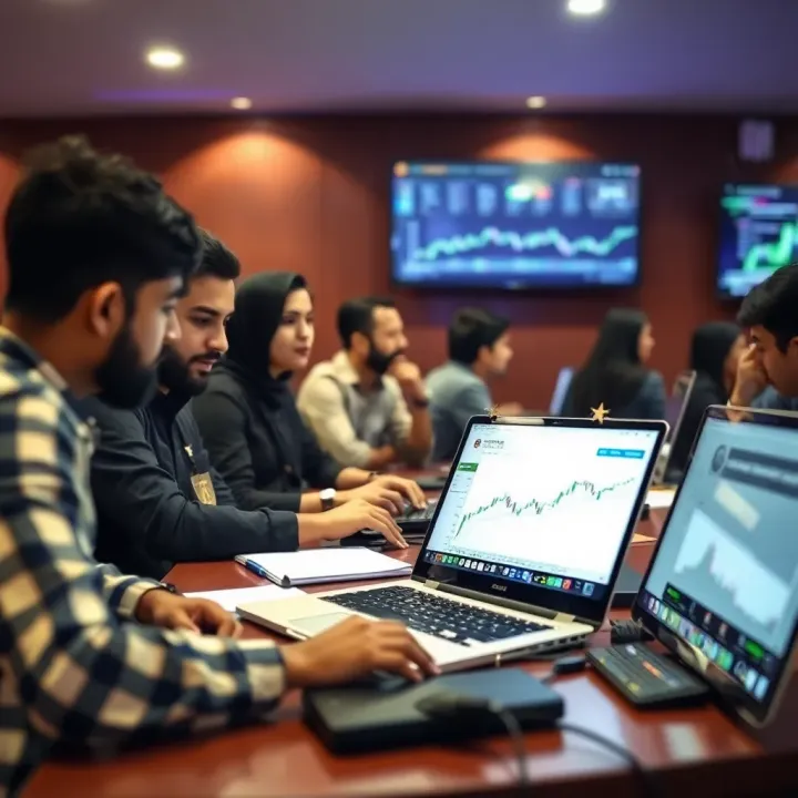 A classroom setting with students engaging in a crypto trading workshop using laptops