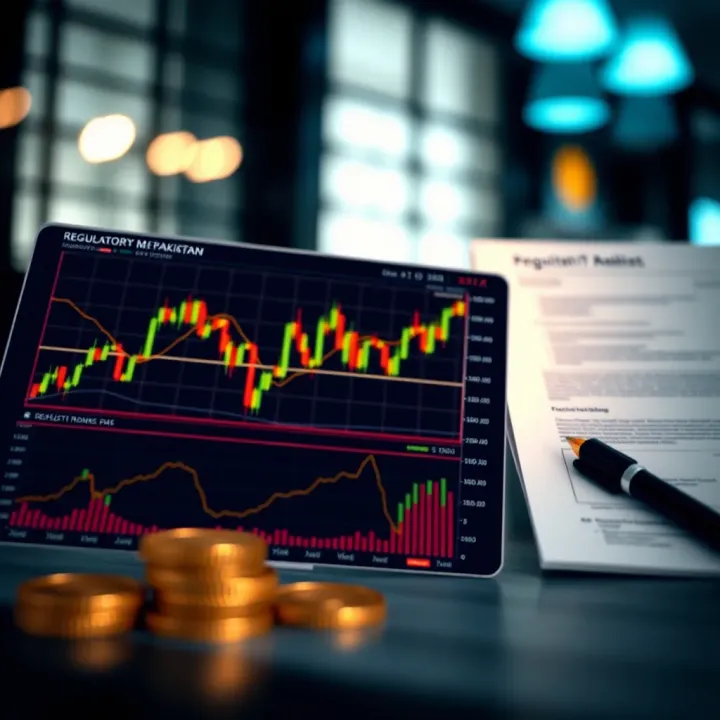 Chart displaying cryptocurrency price trends alongside regulatory documents representing compliance in Pakistan