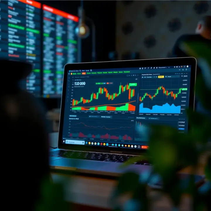 A laptop screen showing a digital cryptocurrency trading platform with charts and graphs