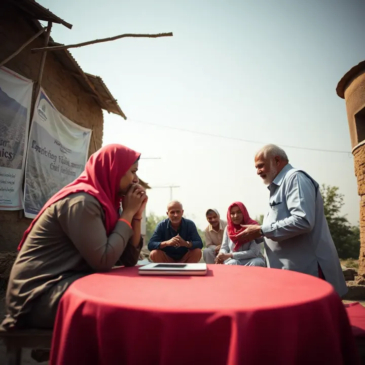 Community members and government officials collaborating on disaster resilience strategies in a Pakistani village setting