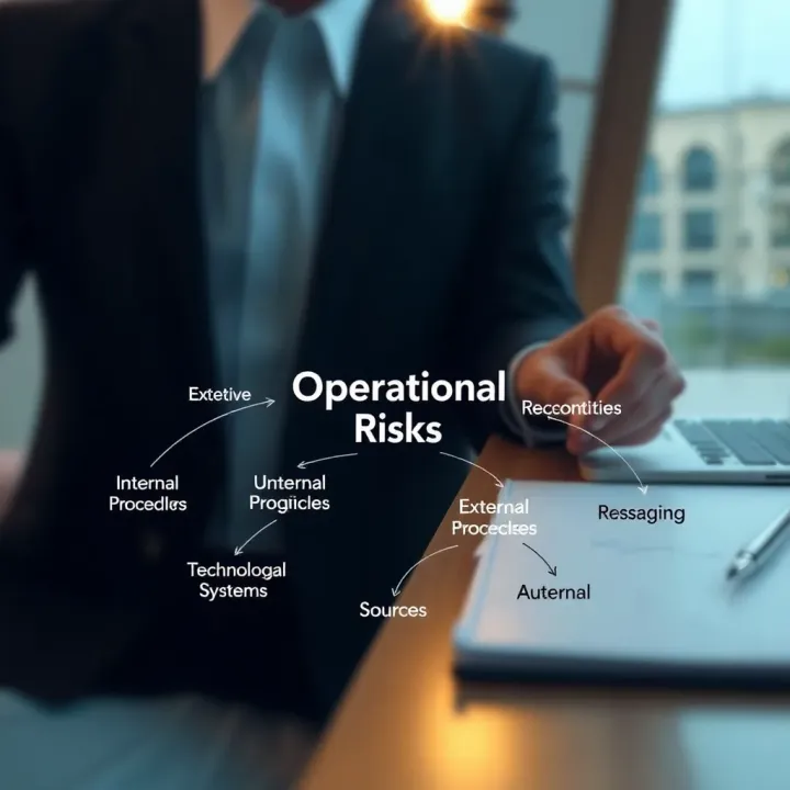 Diagram illustrating various sources of operational risks including internal procedures, staff actions, technological systems, and external factors within a business environment
