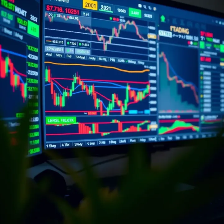 Financial charts displaying candlestick patterns and trading indicators on a computer screen