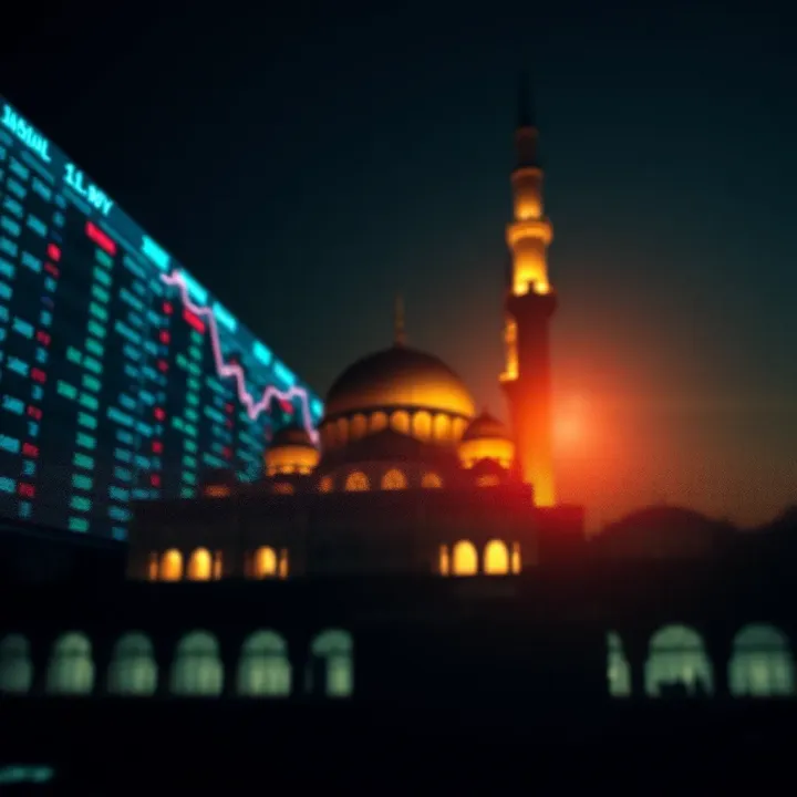 Ethical Forex Trading within Islamic Guidelines Currency exchange rates with a mosque silhouette highlighting ethical forex trading practices