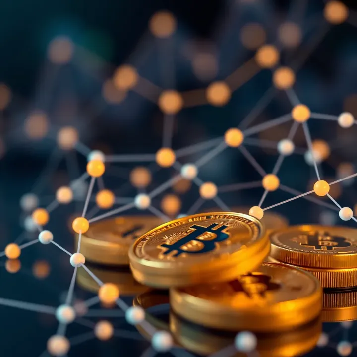 Illustration of digital currency symbols connected with network lines representing online trading platforms