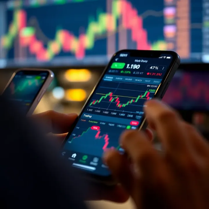 Mobile phone displaying a trading app interface with charts and market data