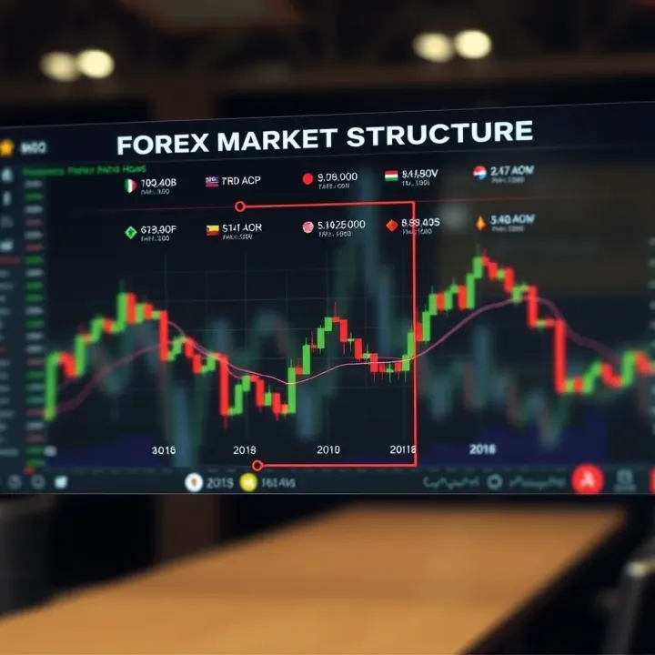 Diagram explaining forex market structure including major currency pairs, brokers, and trading hours