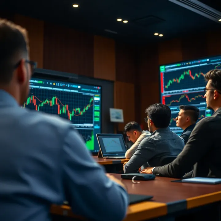 Classroom setting with students engaged in a forex trading course with instructor explaining market trends