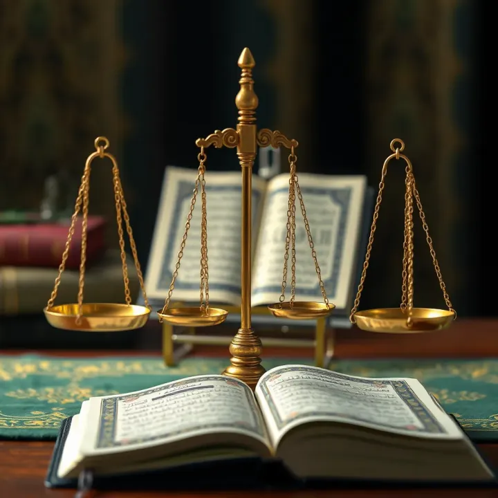 Islamic finance symbols with balanced scales and Quran representing ethical trading principles