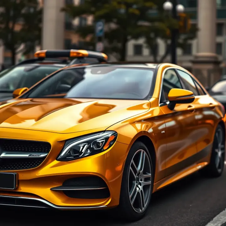 Gold Mercedes-Benz luxury car displayed in an urban setting highlighting its elegant finish and design