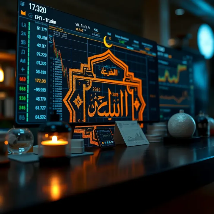 Representation of halal currency trading alternatives with Islamic motifs and a digital trading interface