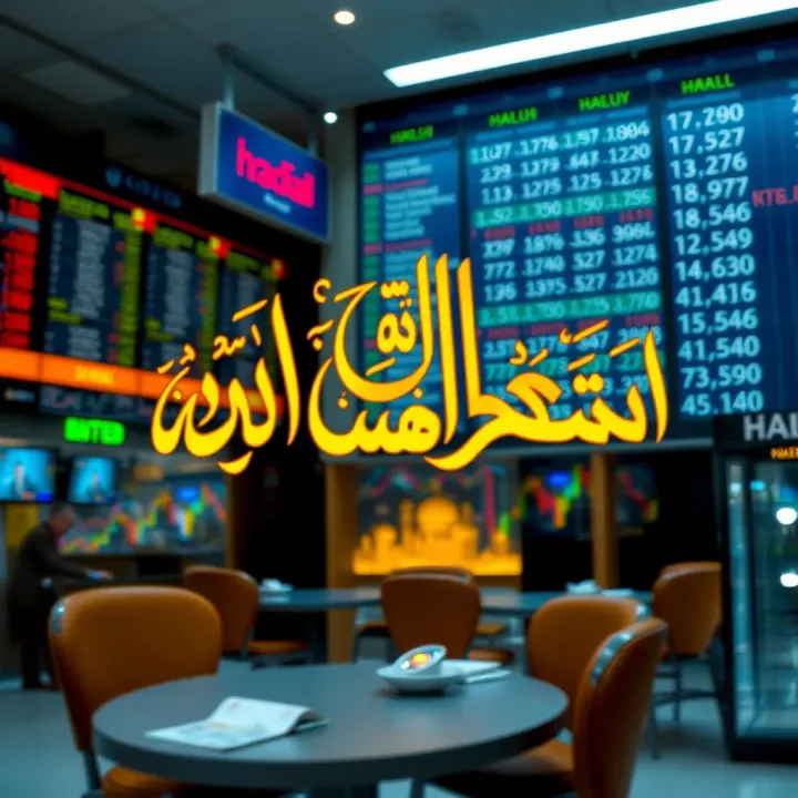 Visual representation of halal and haram concepts with currency exchange elements and Islamic calligraphy