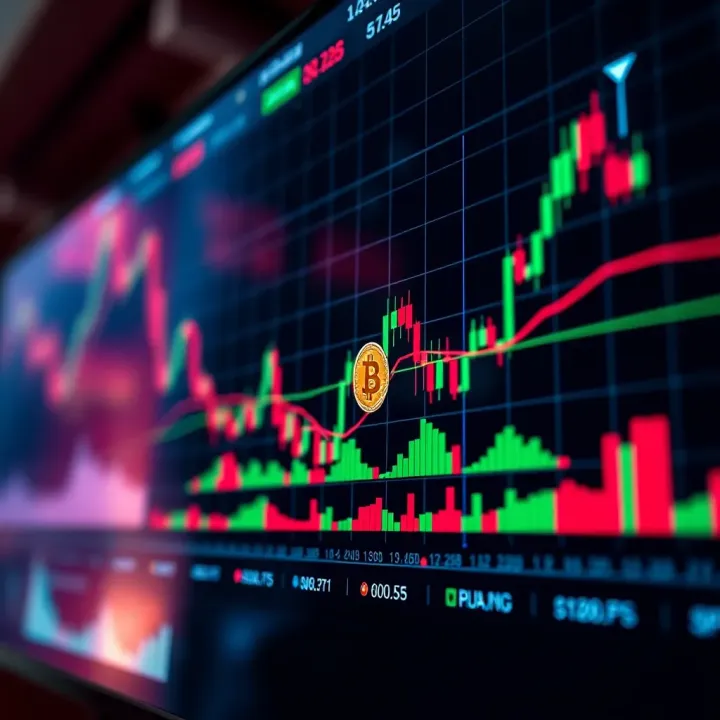 Graph showing cryptocurrency market trends with digital candlestick charts and indicators