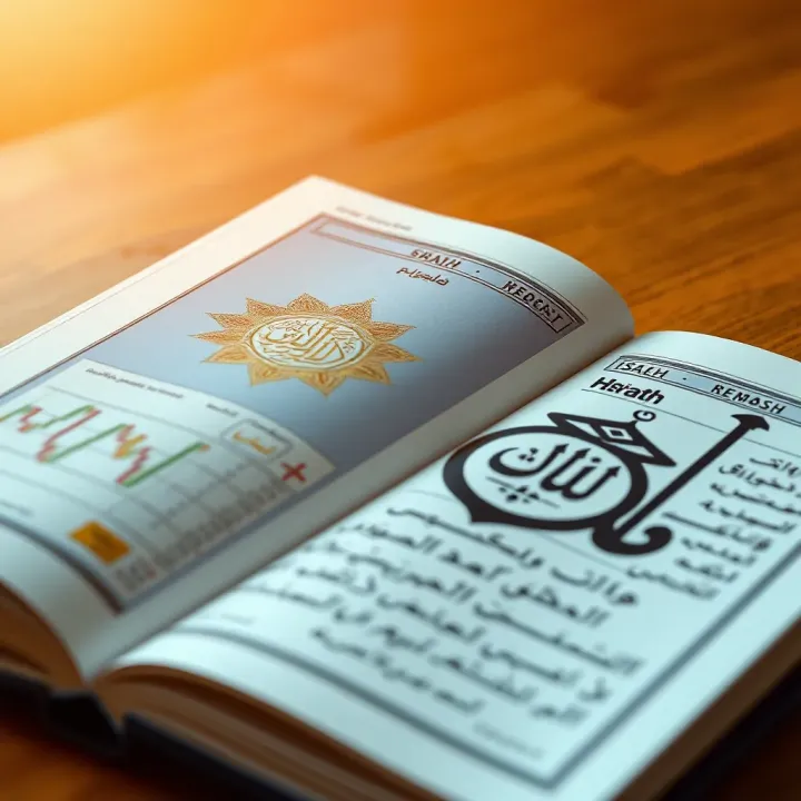 Book with Islamic symbols and financial charts representing Shariah principles in trading